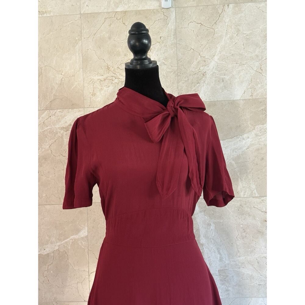 Burgundy 1940s Bow-Tie Neck Midi Dress, Retro Vintage Seamstress of Bloomsbury - Picture 5 of 10